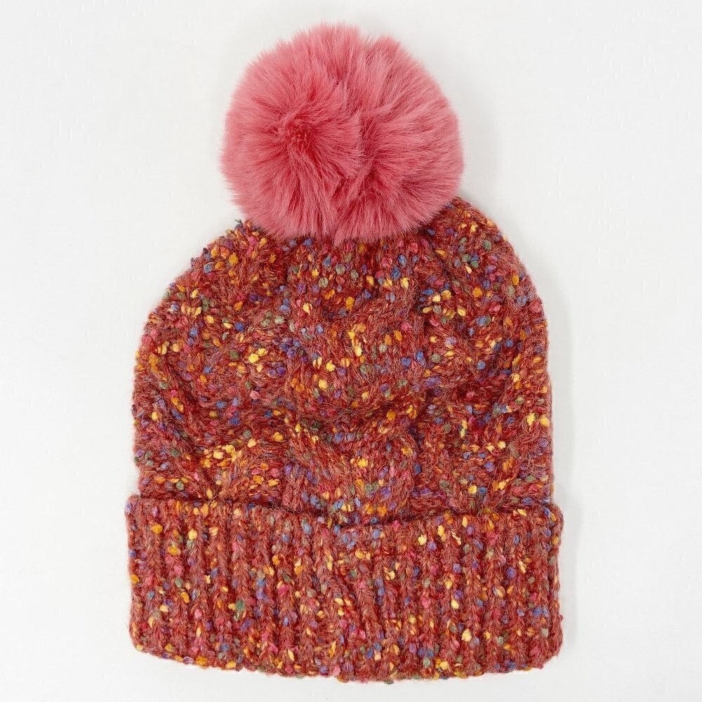 Confetti Cable Knit Pom Pom Beanie Stocking Cap Coral